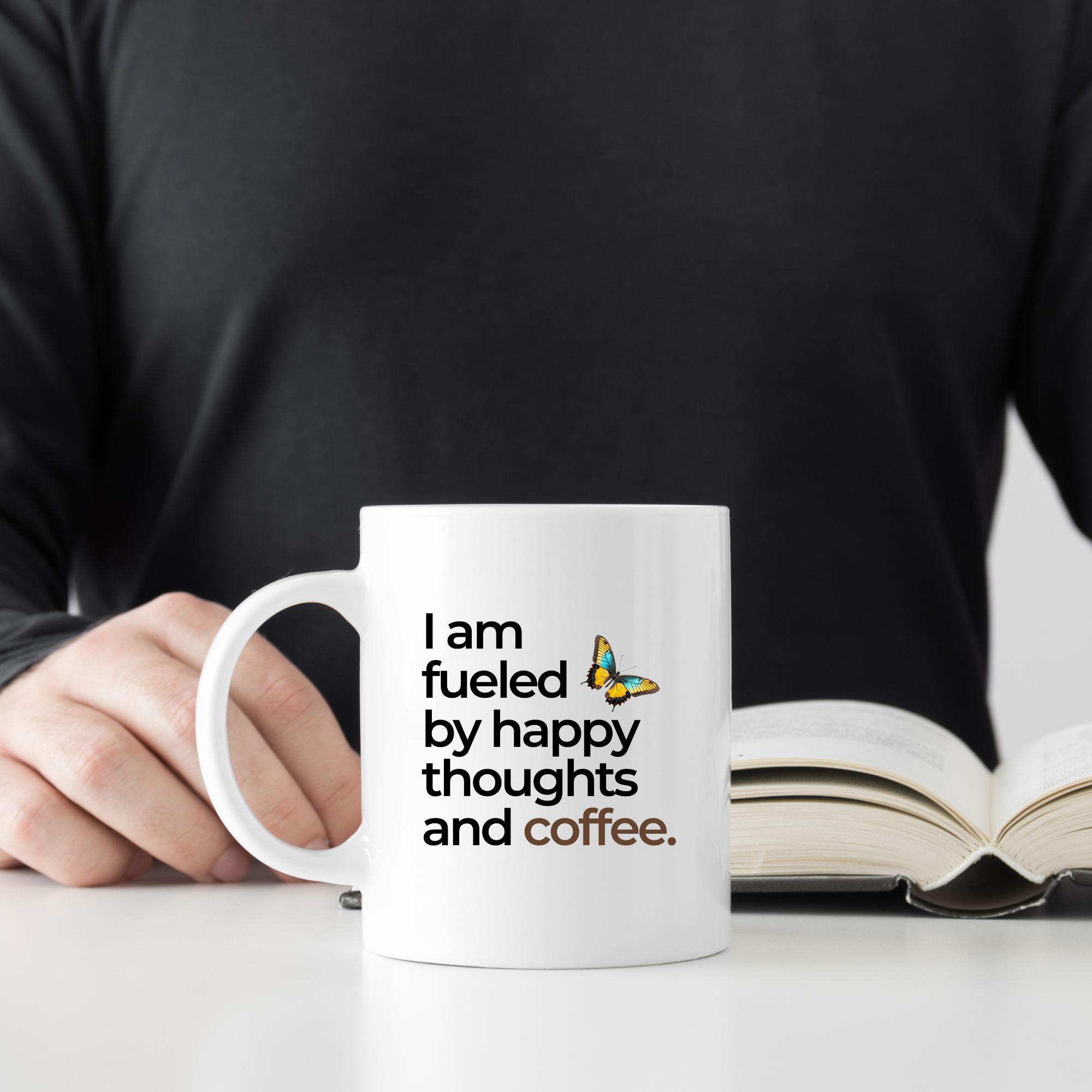 I Am Fueled By Happy Thoughts And Coffee | Cute Coffee Mug | Morning Funny Coffee Cup | Ceramic Coffee Cup Office Gift |