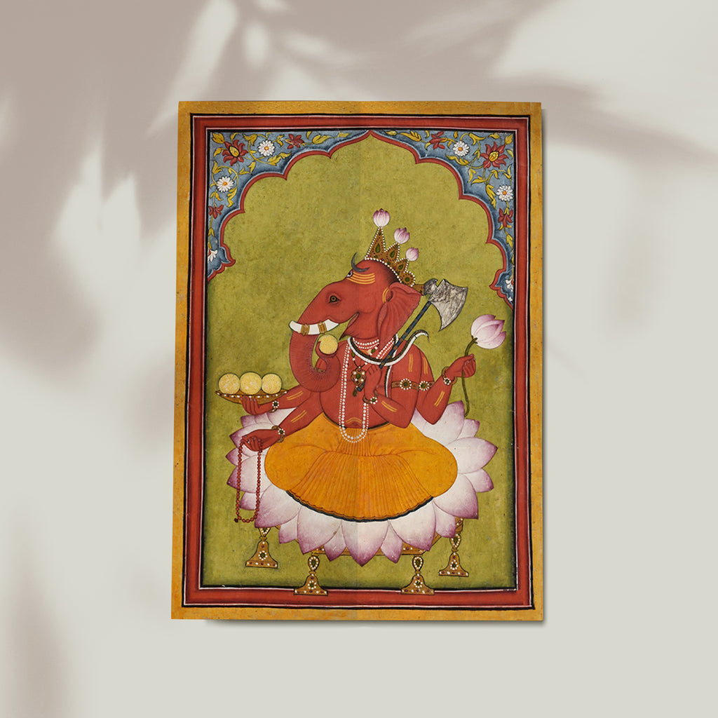 Antique Lord Ganesha Wall Art Print | Vintage Ganesha Poster India | Spiritual Wall Decor for Pooja Room, Living Room, Bedroom (Unframed)